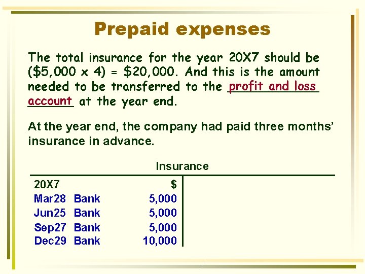 Prepaid expenses The total insurance for the year 20 X 7 should be ($5,