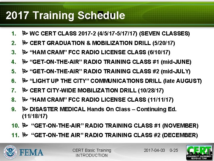 2017 Training Schedule 1. WC CERT CLASS 2017 -2 (4/5/17 -5/17/17) (SEVEN CLASSES) 2.