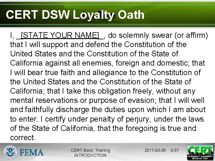 CERT DSW Loyalty Oath I, _[STATE YOUR NAME]_, do solemnly swear (or affirm) that