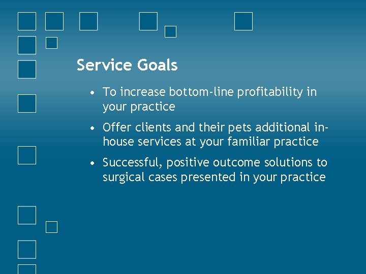 Service Goals • To increase bottom-line profitability in your practice • Offer clients and