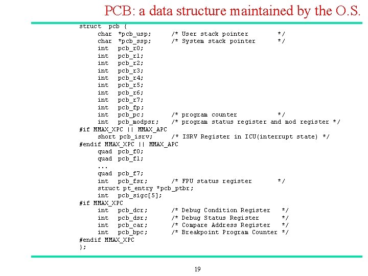 PCB: a data structure maintained by the O. S. struct pcb { char *pcb_usp;