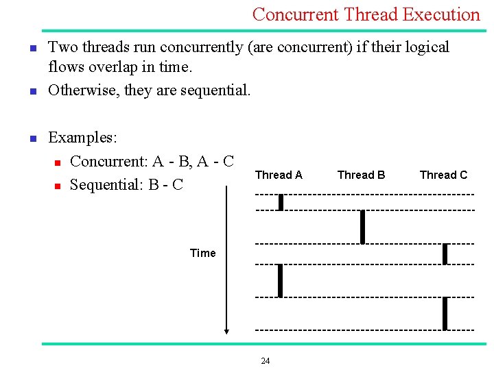 Concurrent Thread Execution n Two threads run concurrently (are concurrent) if their logical flows