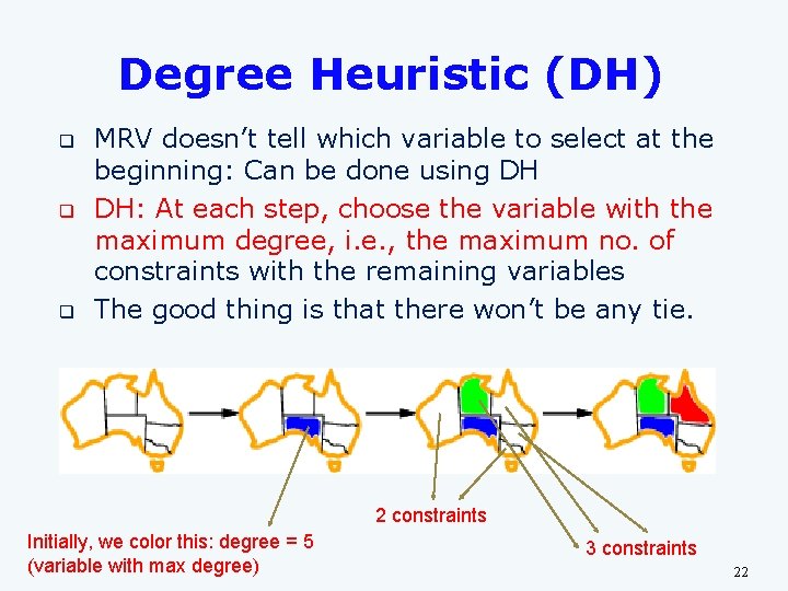 Degree Heuristic (DH) q q q MRV doesn’t tell which variable to select at Degree Heuristic (DH) q q q MRV doesn’t tell which variable to select at