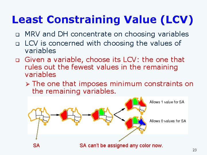 Least Constraining Value (LCV) q q q MRV and DH concentrate on choosing variables Least Constraining Value (LCV) q q q MRV and DH concentrate on choosing variables