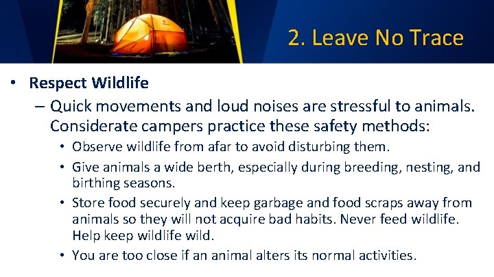 2. Leave No Trace • Respect Wildlife – Quick movements and loud noises are