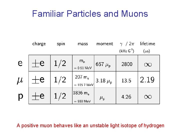 Familiar Particles and Muons A positive muon behaves like an unstable light isotope of