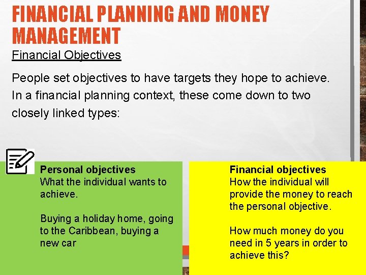 FINANCIAL PLANNING AND MONEY MANAGEMENT Financial Objectives People set objectives to have targets they