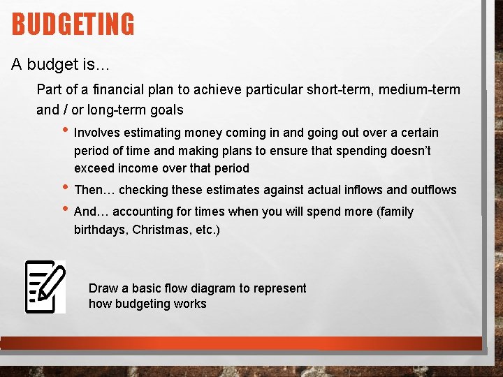 BUDGETING A budget is… Part of a financial plan to achieve particular short-term, medium-term