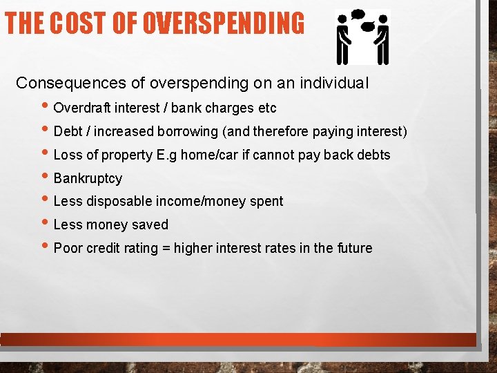 THE COST OF OVERSPENDING Consequences of overspending on an individual • Overdraft interest /