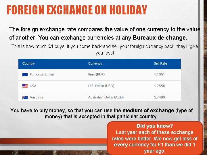 FOREIGN EXCHANGE ON HOLIDAY The foreign exchange rate compares the value of one currency