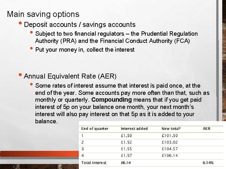 Main saving options • Deposit accounts / savings accounts • Subject to two financial