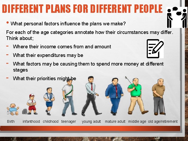 DIFFERENT PLANS FOR DIFFERENT PEOPLE • What personal factors influence the plans we make?