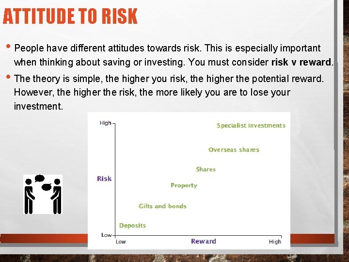 ATTITUDE TO RISK • People have different attitudes towards risk. This is especially important