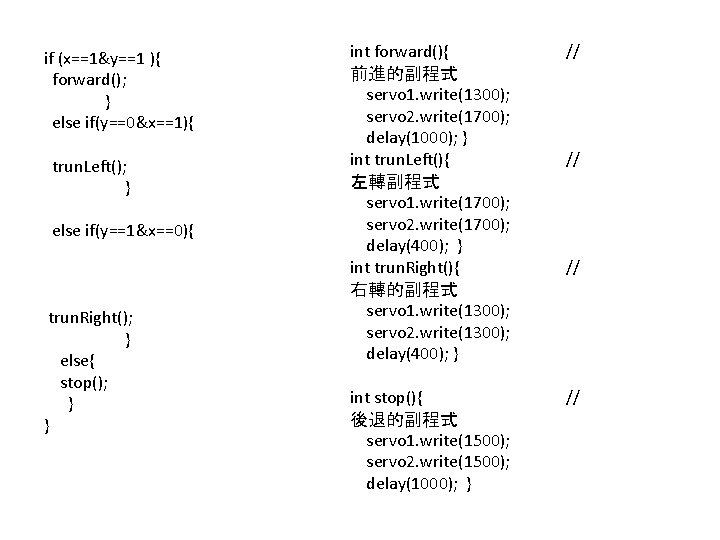 if (x==1&y==1 ){ forward(); } else if(y==0&x==1){ trun. Left(); } else if(y==1&x==0){ trun. Right();