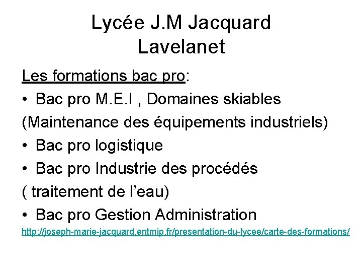 Lycée J. M Jacquard Lavelanet Les formations bac pro: • Bac pro M. E. Lycée J. M Jacquard Lavelanet Les formations bac pro: • Bac pro M. E.