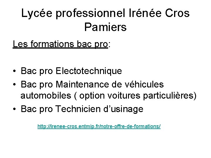 Lycée professionnel Irénée Cros Pamiers Les formations bac pro: • Bac pro Electotechnique • Lycée professionnel Irénée Cros Pamiers Les formations bac pro: • Bac pro Electotechnique •