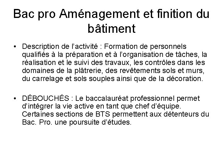 Bac pro Aménagement et finition du bâtiment • Description de l’activité : Formation de Bac pro Aménagement et finition du bâtiment • Description de l’activité : Formation de