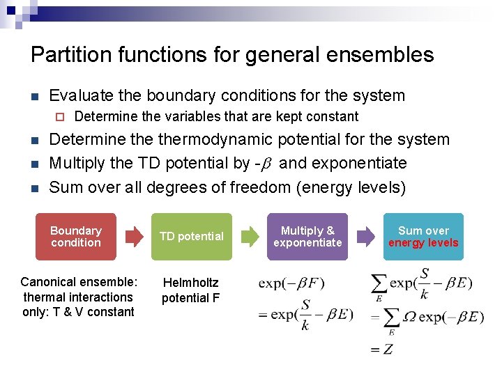 Partition functions for general ensembles n Evaluate the boundary conditions for the system ¨ Partition functions for general ensembles n Evaluate the boundary conditions for the system ¨
