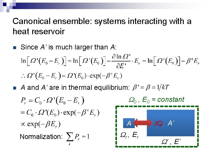 Canonical ensemble: systems interacting with a heat reservoir n Since A’ is much larger Canonical ensemble: systems interacting with a heat reservoir n Since A’ is much larger