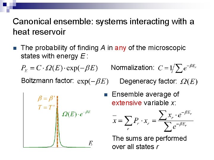 Canonical ensemble: systems interacting with a heat reservoir n The probability of finding A Canonical ensemble: systems interacting with a heat reservoir n The probability of finding A
