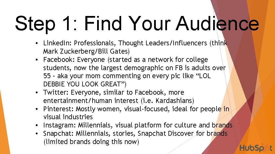 Step 1: Find Your Audience • Linked. In: Professionals, Thought Leaders/Influencers (think Mark Zuckerberg/Bill