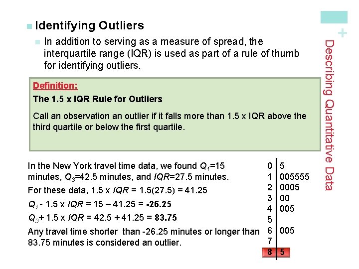In addition to serving as a measure of spread, the interquartile range (IQR) is In addition to serving as a measure of spread, the interquartile range (IQR) is