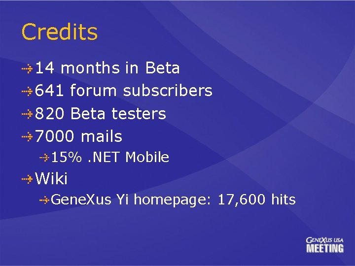 Credits 14 months in Beta 641 forum subscribers 820 Beta testers 7000 mails 15%.