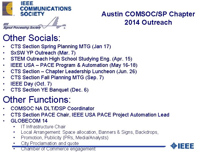 Austin COMSOC/SP Chapter 2014 Outreach Other Socials: • • CTS Section Spring Planning MTG