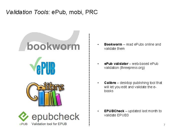 Validation Tools: e. Pub, mobi, PRC • Bookworm – read e. Pubs online and