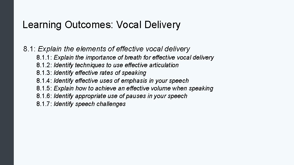 Learning Outcomes: Vocal Delivery 8. 1: Explain the elements of effective vocal delivery 8.