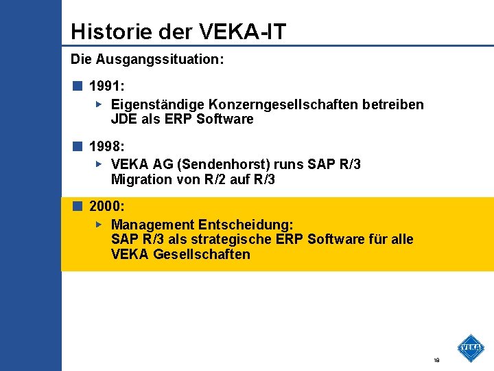 Historie der VEKA-IT Die Ausgangssituation: ■ 1991: ▶ Eigenständige Konzerngesellschaften betreiben JDE als ERP