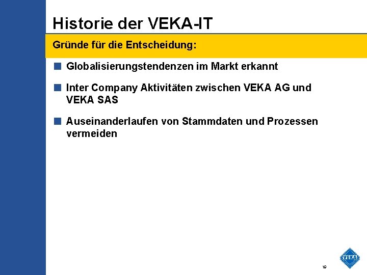 Historie der VEKA-IT Gründe für die Entscheidung: ■ Globalisierungstendenzen im Markt erkannt ■ Inter