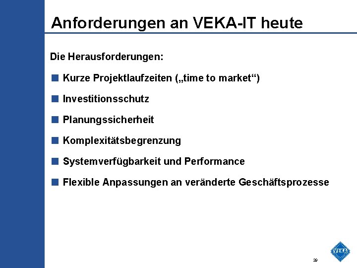 Anforderungen an VEKA-IT heute Die Herausforderungen: ■ Kurze Projektlaufzeiten („time to market“) ■ Investitionsschutz
