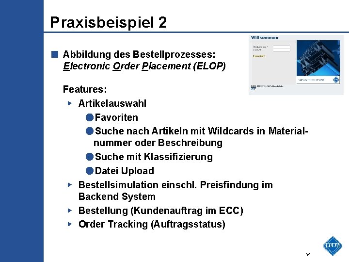 Praxisbeispiel 2 ■ Abbildung des Bestellprozesses: Electronic Order Placement (ELOP) Features: ▶ Artikelauswahl ●Favoriten