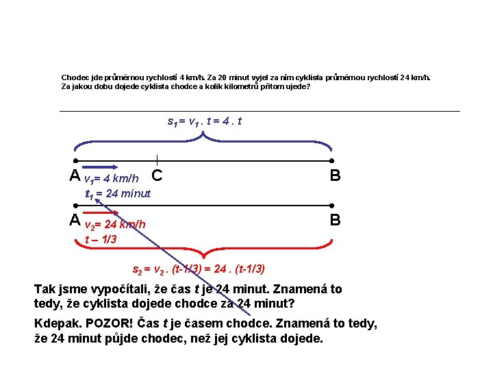 Chodec jde průměrnou rychlostí 4 km/h. Za 20 minut vyjel za ním cyklista průměrnou