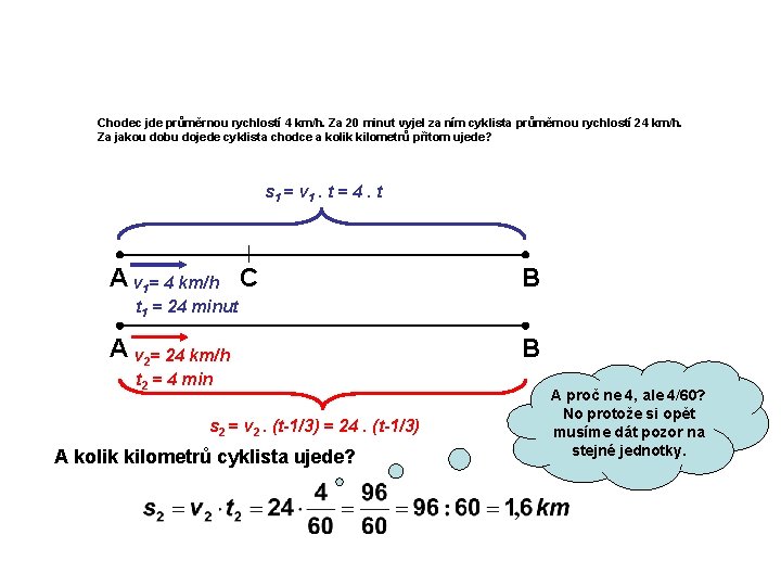 Chodec jde průměrnou rychlostí 4 km/h. Za 20 minut vyjel za ním cyklista průměrnou