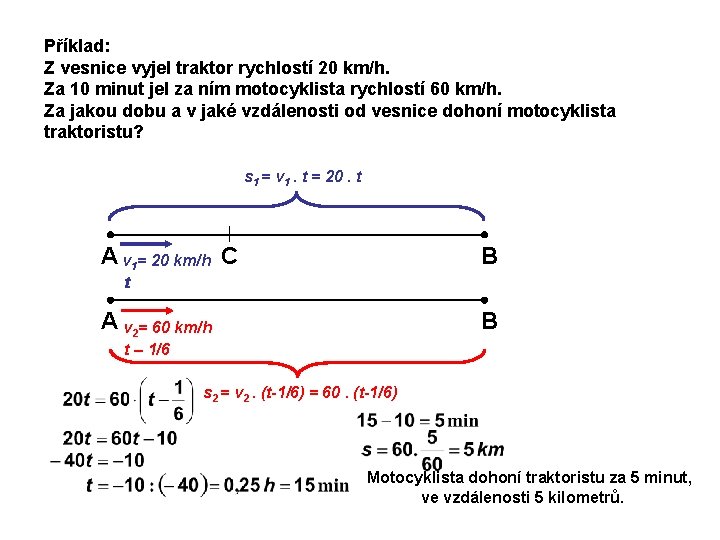 Příklad: Z vesnice vyjel traktor rychlostí 20 km/h. Za 10 minut jel za ním