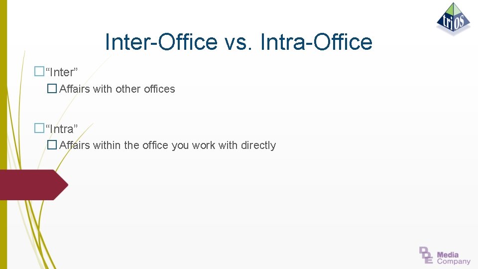 Inter-Office vs. Intra-Office �“Inter” � Affairs with other offices �“Intra” � Affairs within the
