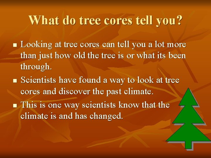 What do tree cores tell you? n n n Looking at tree cores can
