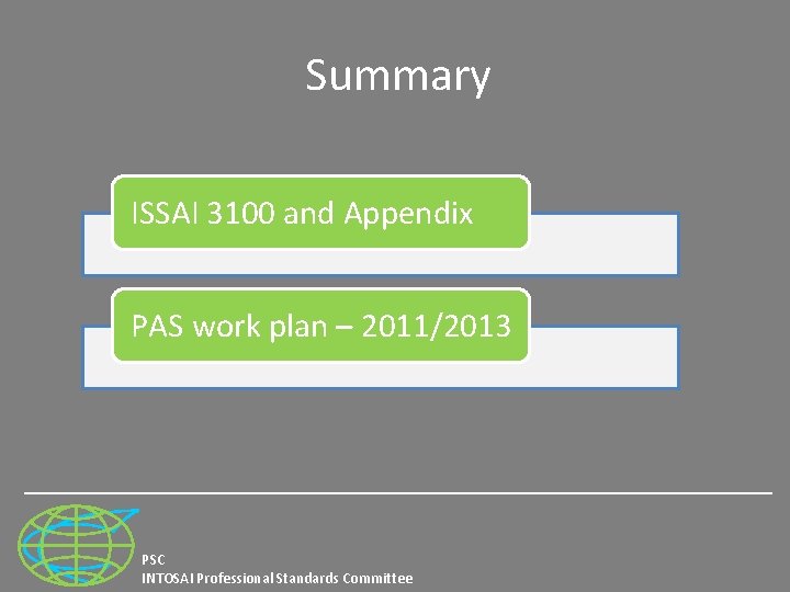 Summary ISSAI 3100 and Appendix PAS work plan – 2011/2013 PSC INTOSAI Professional Standards