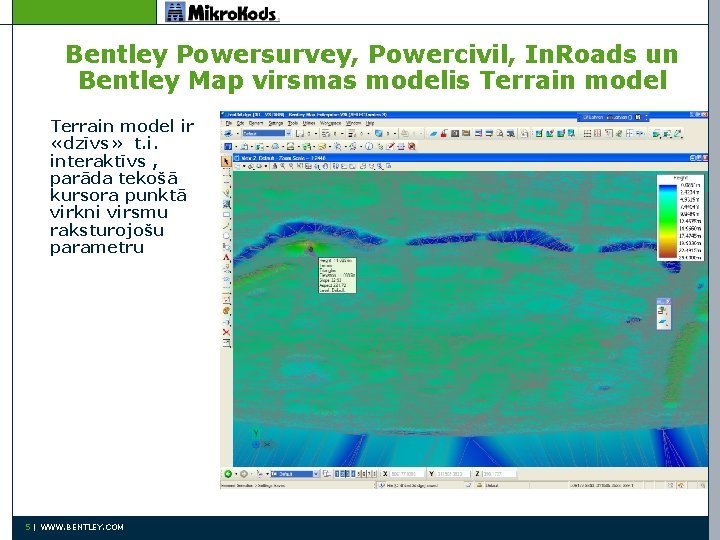 Bentley Powersurvey, Powercivil, In. Roads un Bentley Map virsmas modelis Terrain model ir «dzīvs»