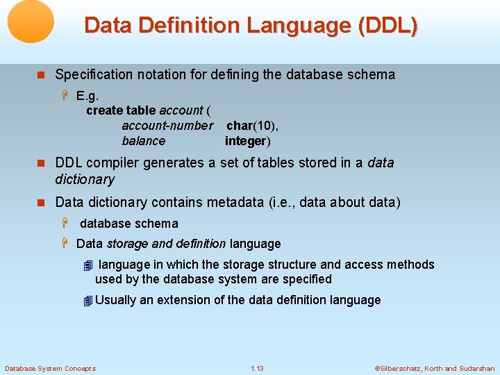 Data Definition Language (DDL) Specification notation for defining the database schema E. g. create
