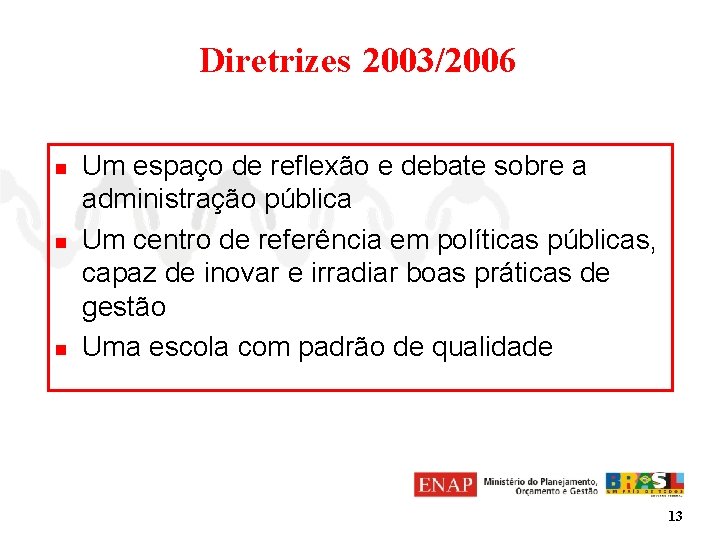 Diretrizes 2003/2006 n n n Um espaço de reflexão e debate sobre a administração