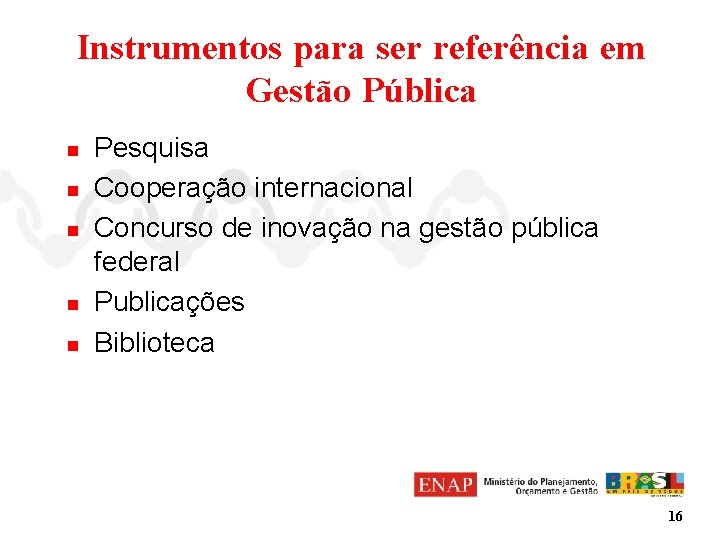 Instrumentos para ser referência em Gestão Pública n n n Pesquisa Cooperação internacional Concurso