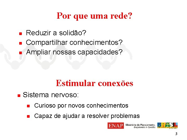 Por que uma rede? n n n Reduzir a solidão? Compartilhar conhecimentos? Ampliar nossas