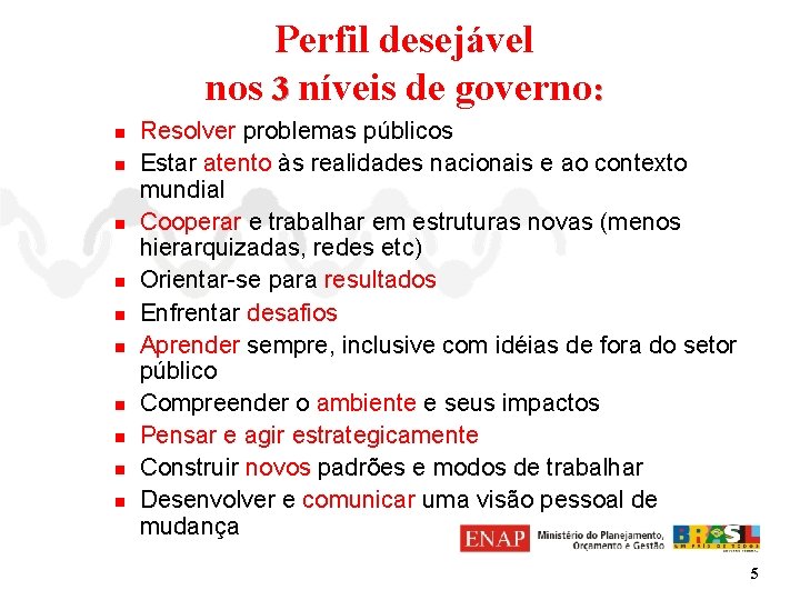 Perfil desejável nos 3 níveis de governo: n n n n n Resolver problemas