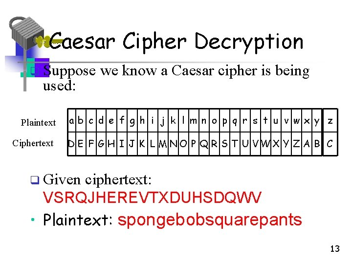 Caesar Cipher Decryption q Suppose used: we know a Caesar cipher is being Plaintext Caesar Cipher Decryption q Suppose used: we know a Caesar cipher is being Plaintext