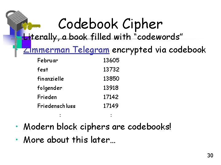 Codebook Cipher • Literally, a book filled with “codewords” • Zimmerman Telegram encrypted via Codebook Cipher • Literally, a book filled with “codewords” • Zimmerman Telegram encrypted via