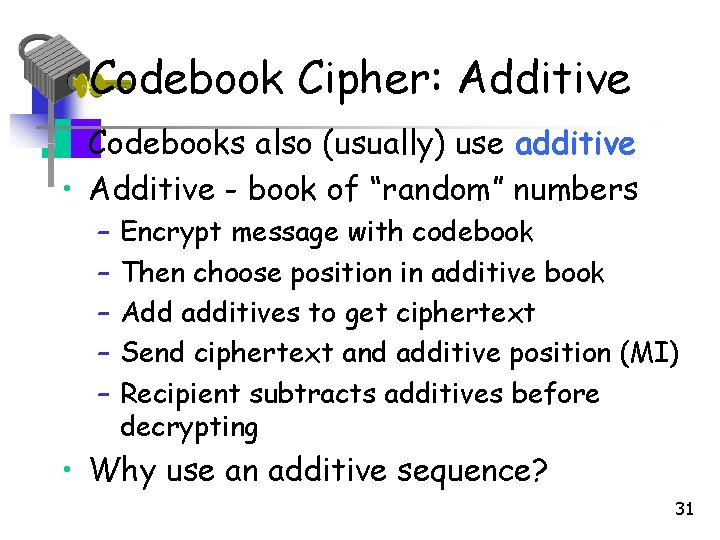 Codebook Cipher: Additive • Codebooks also (usually) use additive • Additive - book of Codebook Cipher: Additive • Codebooks also (usually) use additive • Additive - book of