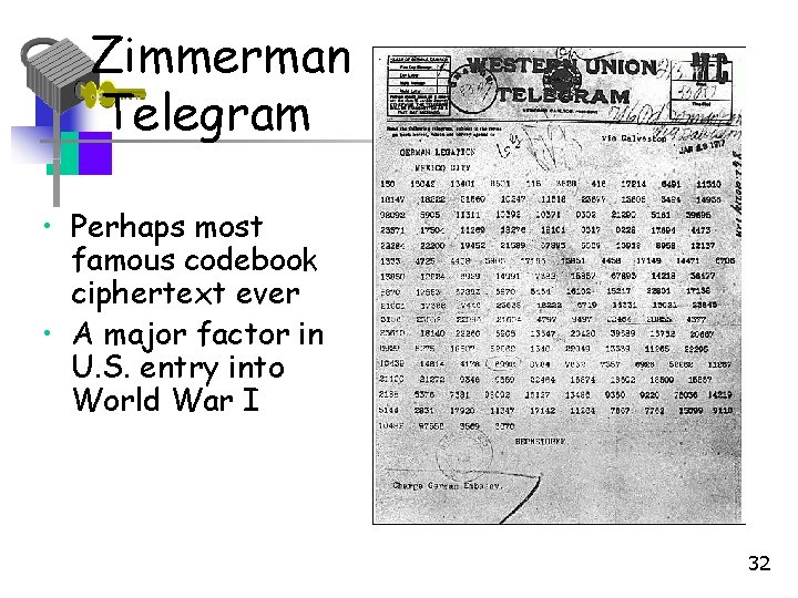Zimmerman Telegram • Perhaps most famous codebook ciphertext ever • A major factor in Zimmerman Telegram • Perhaps most famous codebook ciphertext ever • A major factor in